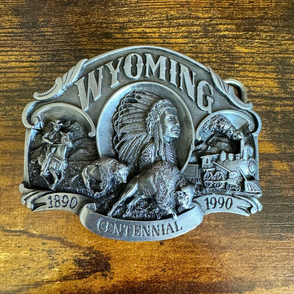 Rare Vintage Wyoming State Centennial Belt Buckle Silver Native American